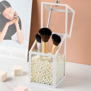 Plastic Edge Glass Vanity Organizer with Transparent Flip Cover, Dustproof Desktop Makeup Brush Holder and Storage Bucket