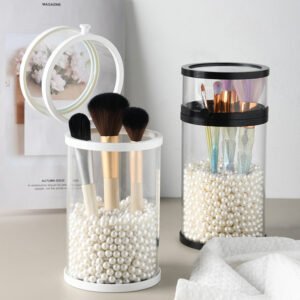 High-Gloss Round Makeup Brush Organizer with Lid – Dustproof Glass Cosmetic Holder with Plastic Edges for Lipsticks, Eyebrow Pencils, and Brushes