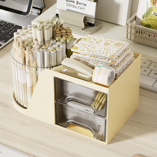 Desktop Rotating Pen Holder with Drawer, Office Stationery Organizer, Simple Plastic Round Pen Stand