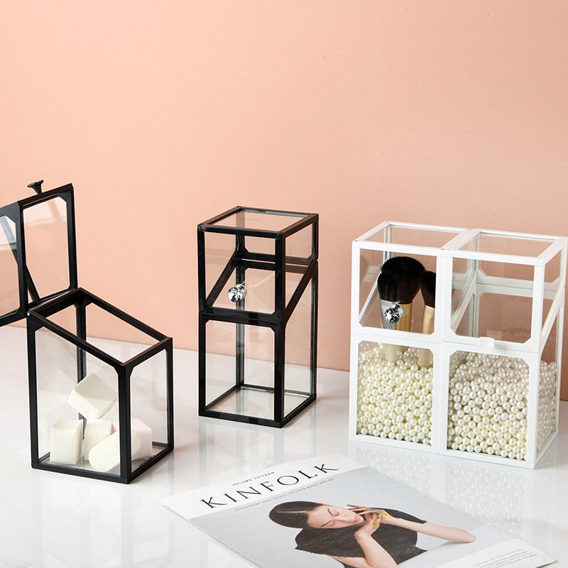 Plastic Edge Glass Vanity Organizer with Transparent Flip Cover, Dustproof Desktop Makeup Brush Holder and Storage Bucket - Image 2