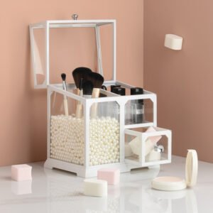 Wholesale Multi-Functional Makeup Organizer with Glass Flip Lid, Drawer Storage for Lipstick, Skincare, Jewelry & Brush Holder