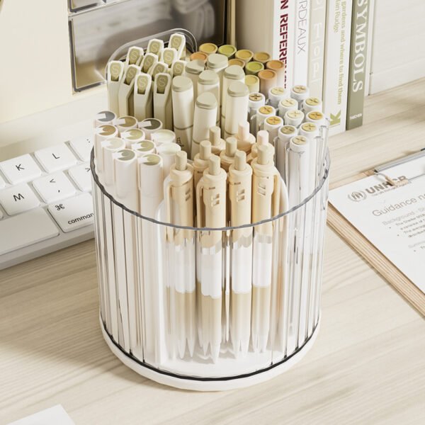 Desktop Rotating Pen Holder with Drawer, Office Stationery Organizer, Simple Plastic Round Pen Stand - Image 2