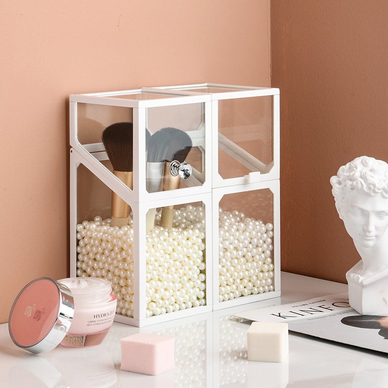 Plastic Edge Glass Vanity Organizer with Transparent Flip Cover, Dustproof Desktop Makeup Brush Holder and Storage Bucket - Image 3