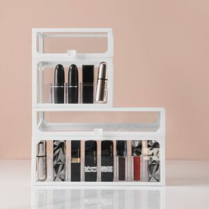 Glass Flip-Top Lipstick & Lip Gloss Organizer with Plastic Edge, Durable ABS and Glass Desktop Storage Rack for Cosmetics and Dorm Essentials