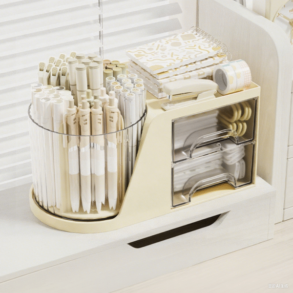 Desktop Rotating Pen Holder with Drawer, Office Stationery Organizer, Simple Plastic Round Pen Stand - Image 3