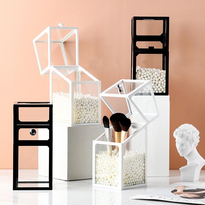 Plastic Edge Glass Vanity Organizer with Transparent Flip Cover, Dustproof Desktop Makeup Brush Holder and Storage Bucket - Image 4