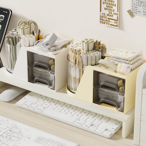 Desktop Rotating Pen Holder with Drawer, Office Stationery Organizer, Simple Plastic Round Pen Stand - Image 4